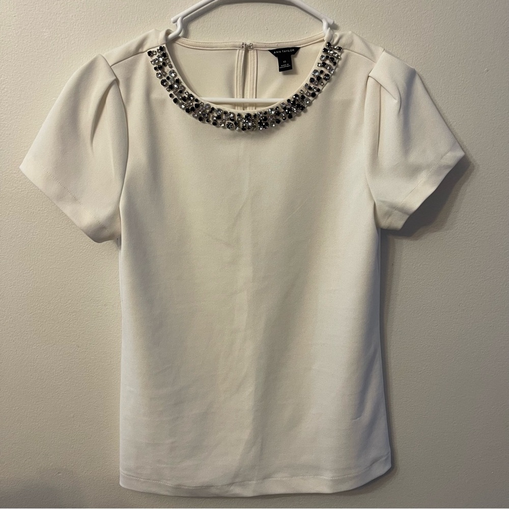 Ann Taylor Cream Top with Beaded Neckline